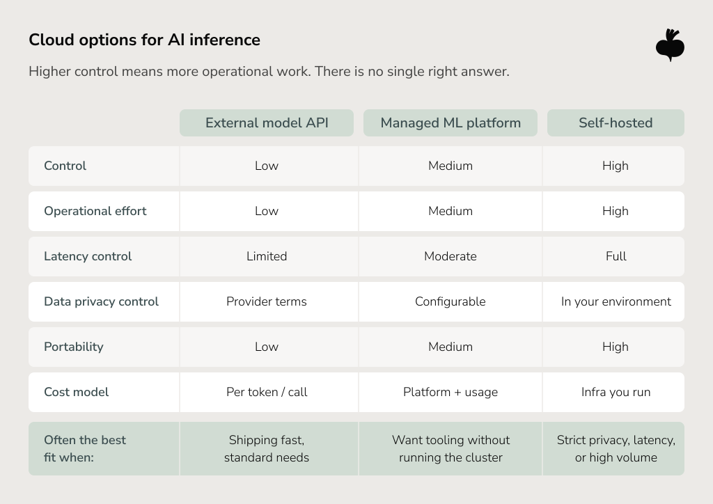 Comparison of cloud options for AI inference &mdash; external model APIs, managed ML platforms, and self-hosted infrastructure &mdash; across control, operational effort, latency, privacy, portability, cost, and best-fit use cases.