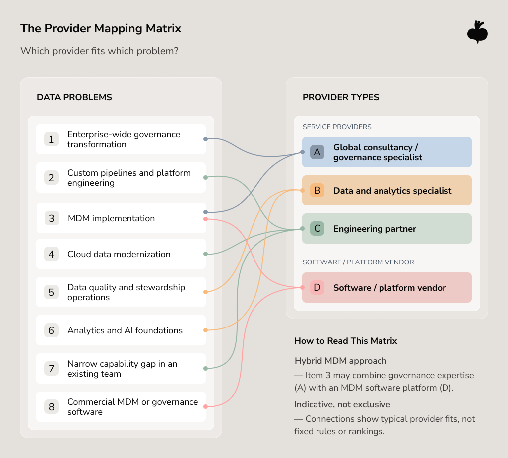 Provider mapping matrix linking eight common enterprise data problems to four provider types: global consultancies, data and analytics specialists, engineering partners, and software or platform vendors, with MDM shown as a potential hybrid case.